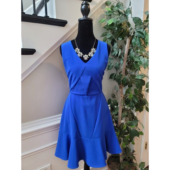 Aryn K Sleeveless Dress Women Medium Blue Fit Flare Ruffle Hem Cocktail Party - Picture 2 of 13
